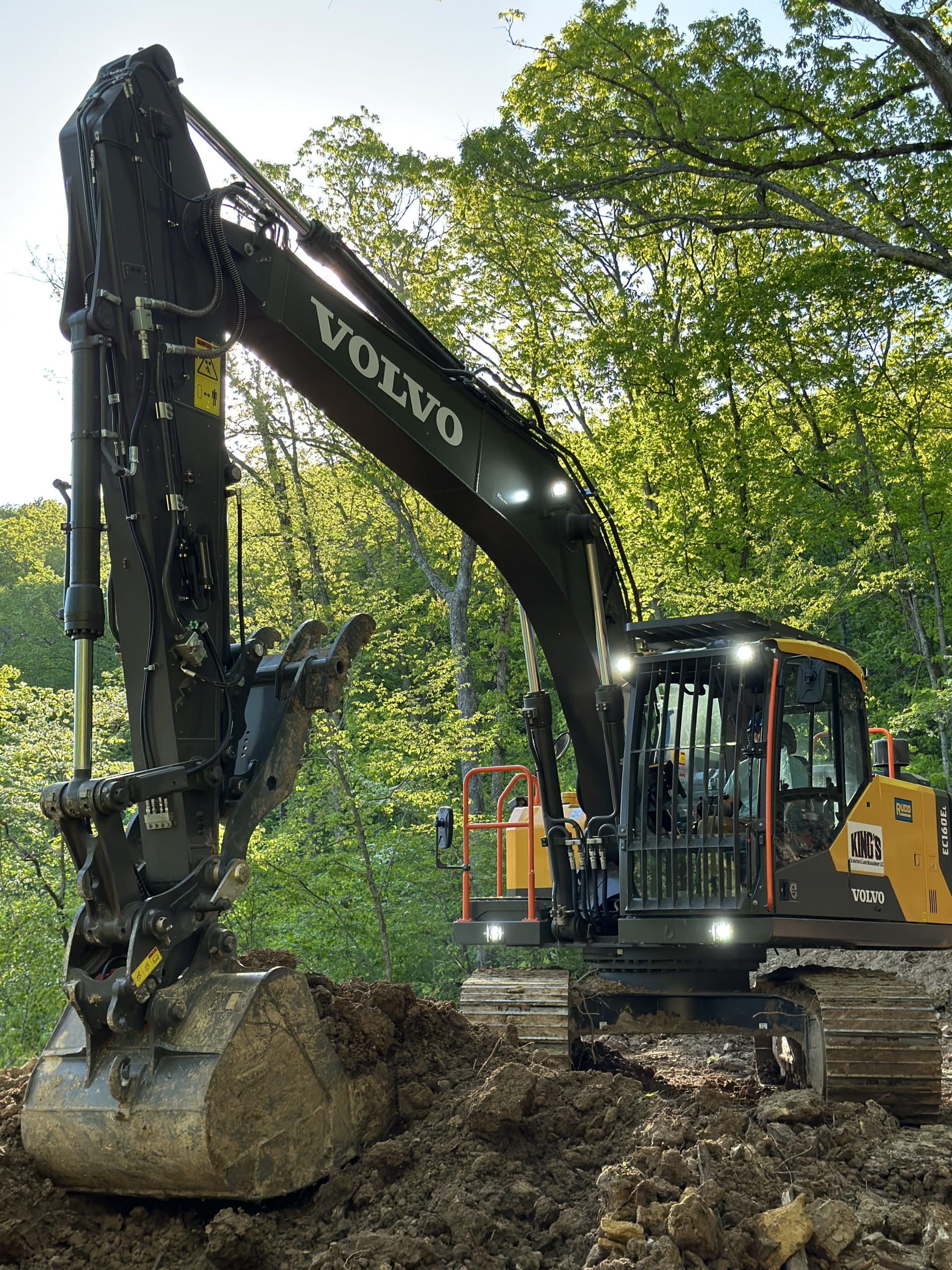 A backhoe providing forestry mulching services in the woods.